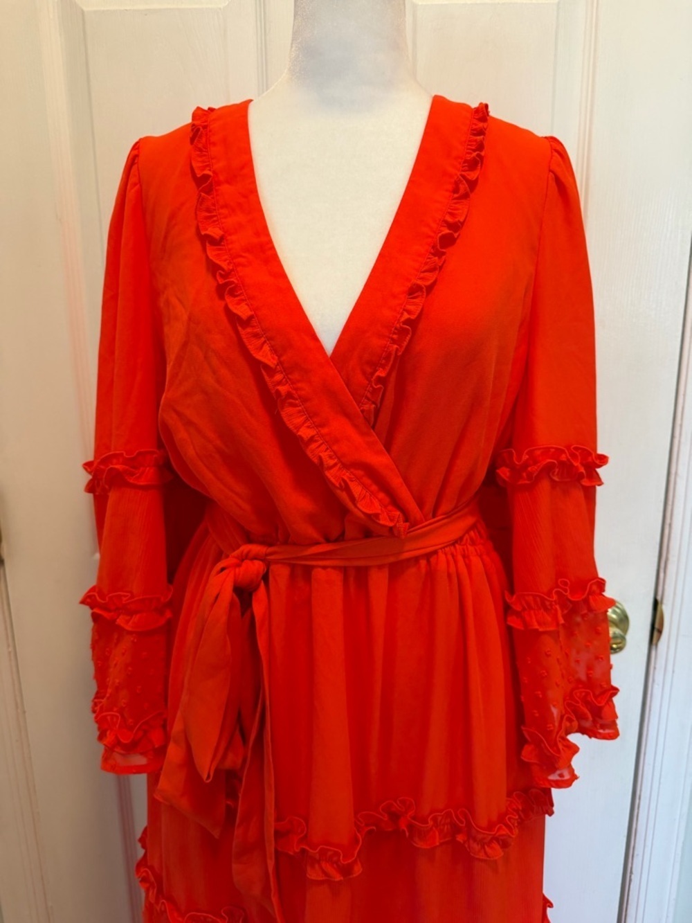 ALEXIS for Target Red Clip Dot Ruffle Tiered Midi Dress Angel Sleeve Wrap Size M - Picture 9 of 15